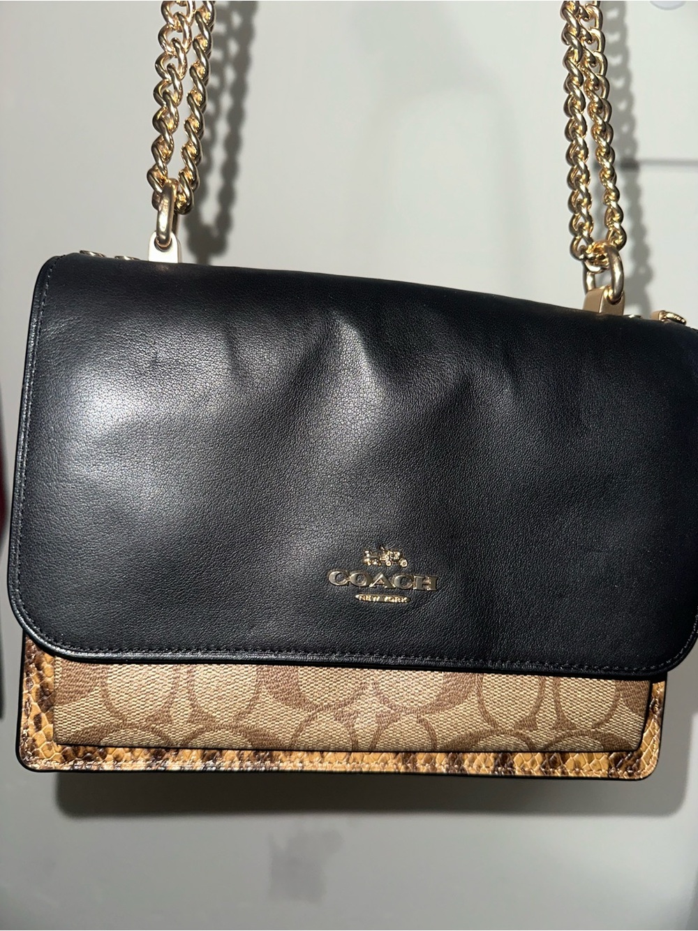 Coach Black Leather & Signature Brown Canvas Chain Crossbody